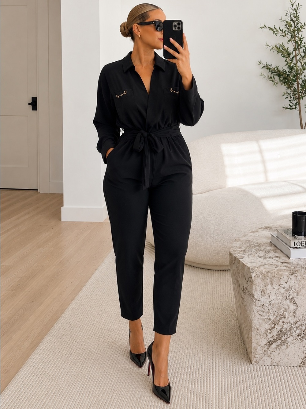 $525 NWT Maje Patyna Crepe Tie Waist Jumpsuit Black Gold Hardware Size 38 US M